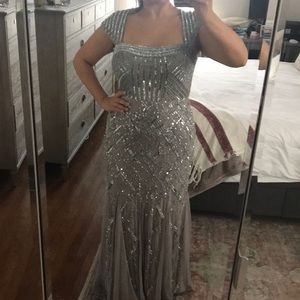 Adrianna Papell Silver Sequined Evening Gown